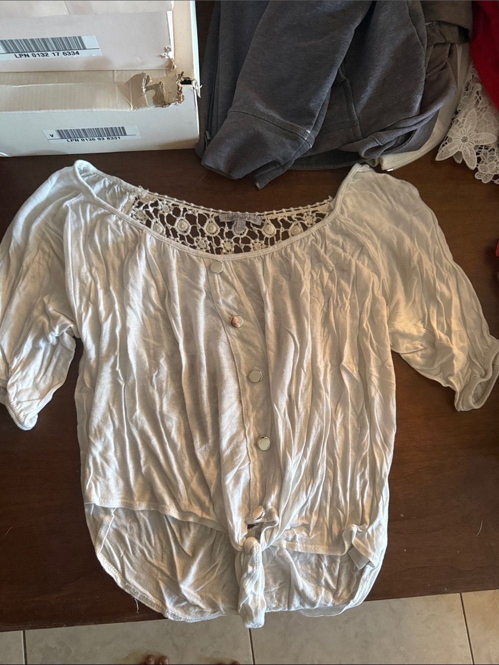 Charlotte Russe White Crochet Yoke Button-Front Tie-Hem Top